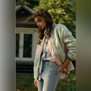 Free People Rivington Sherpa Jacket Green/Pink Small